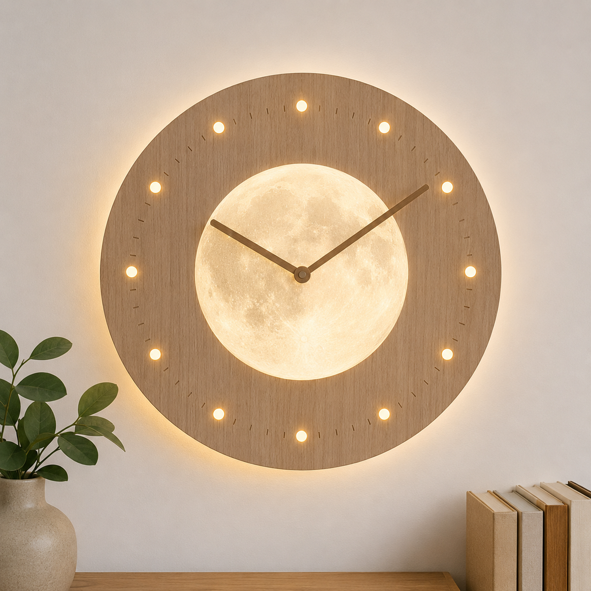 Full Moon LED Silent Wooden Digital Wall Clock with Remote Control, Backlight Nightlight Digital Wood Wall Clock, Sunrise Alarm Stickyz Creations