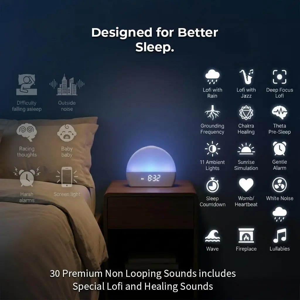 White Noise Sound Machine Sunrise Alarm Clock - 30 Non-Looping Soothing Sleep Sounds with LoFi and Healing Music| 10-Color Stickyz Creations