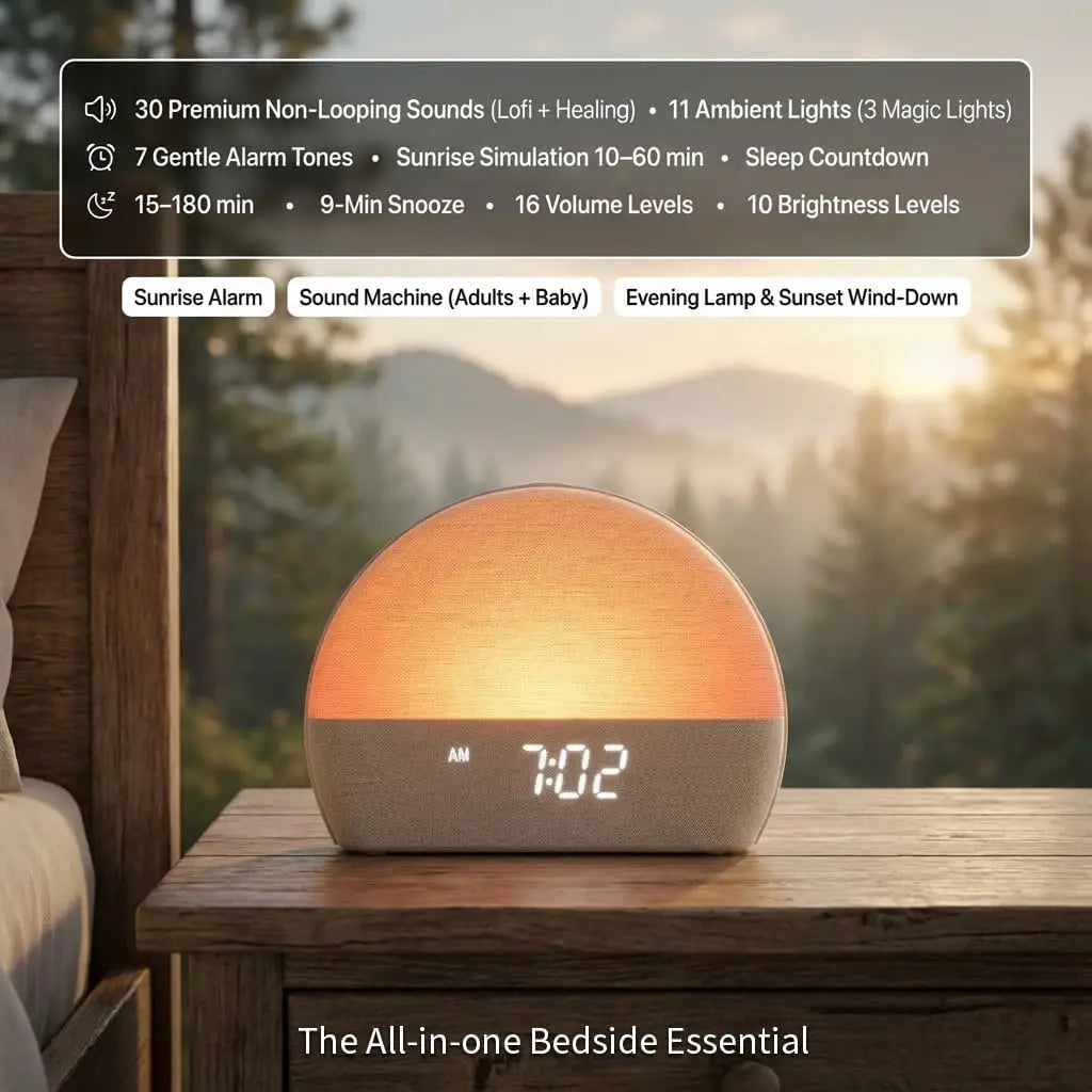 White Noise Sound Machine Sunrise Alarm Clock - 30 Non-Looping Soothing Sleep Sounds with LoFi and Healing Music| 10-Color Stickyz Creations