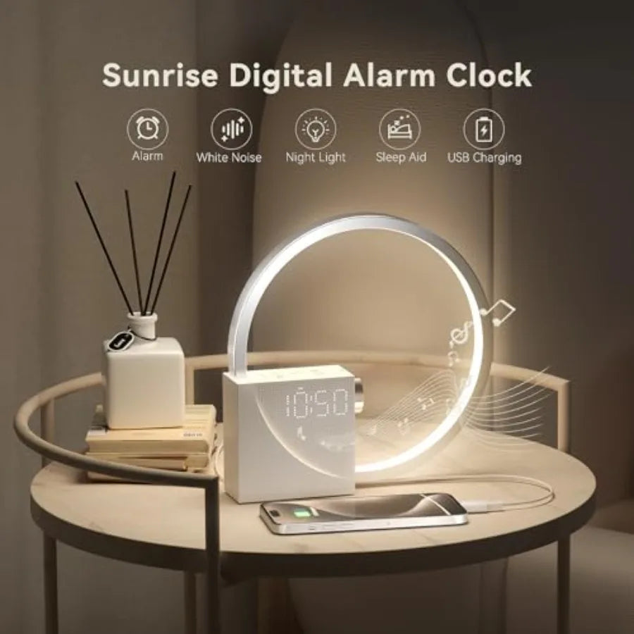 Sunrise Digital Alarm Clock, White Noise Sound Machine, Sleep Aid Timer with USB Port, Dimmable Digital Clocks Display, Snooze, Stickyz Creations