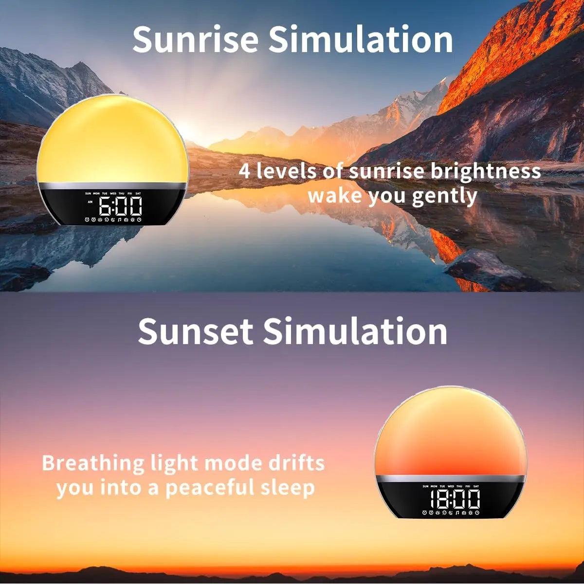 FM Radio Sunrise Alarm Clock Sound Machine Wake-Up Light Sunrise Sunset Simulation Adjustable Volume Brightness Sleep Aid 13 Stickyz Creations