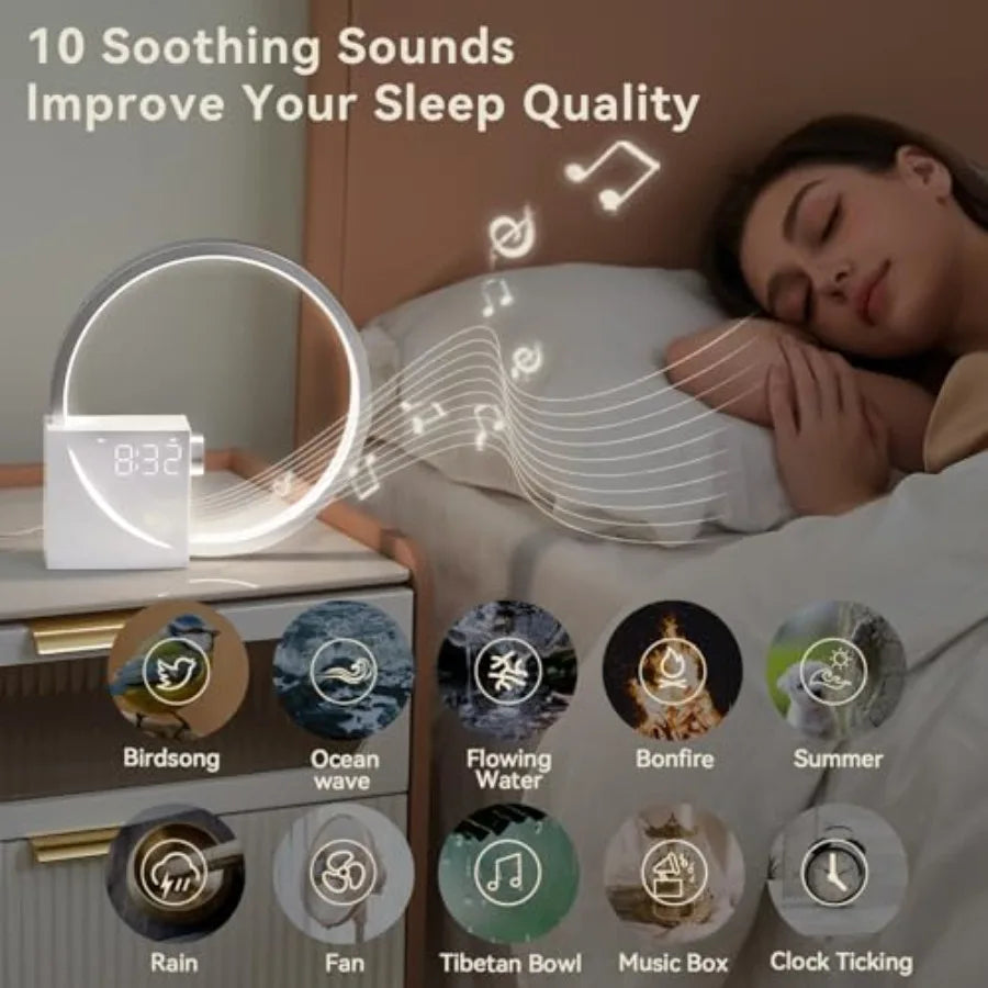Sunrise Digital Alarm Clock, White Noise Sound Machine, Sleep Aid Timer with USB Port, Dimmable Digital Clocks Display, Snooze, Stickyz Creations